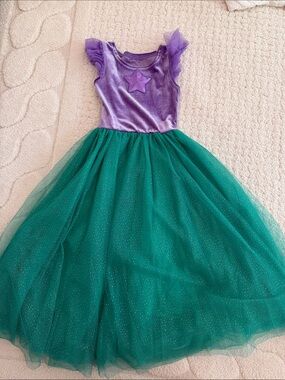 Ariel Inspired Purple Velvet & Green Tulle Star Kids Costume Dress